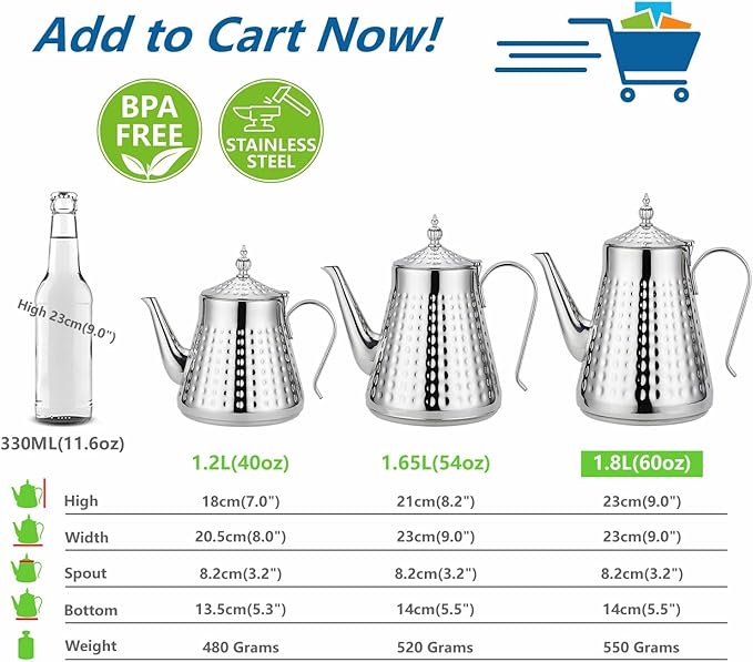 SANQIAHOME 1.8L(60oz) Stainless Steel Hammer Patterned Teapot With Removeable Infuser,Loose leaf cover,Silver