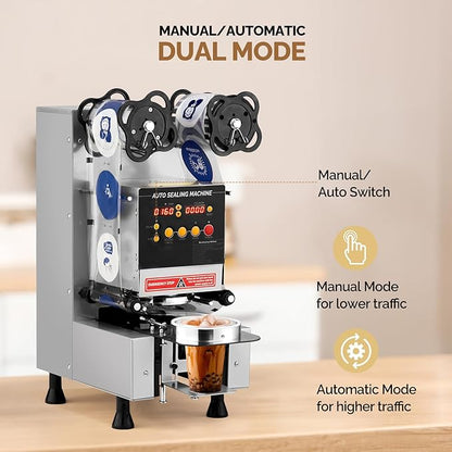 OlymStore Cup Sealing Machine Full Automatic, Electric Bubble Tea Machine, Cup Sealer Machine 500-650 Cups/H with Digital Control LCD Panel for Bubble Milk Tea Coffee, 88/89/90/95mm, Silver