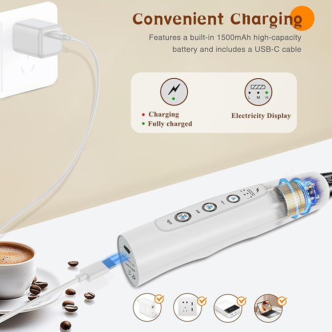 Milk Frother Handheld Rechargeable, Frother Wand Drink Mixer Electric Whisk for Coffee, Detachable With 3 Stainless Whisks, Hand Mixer for Lattes, Cappuccino, Matcha, Egg, No Stand, White