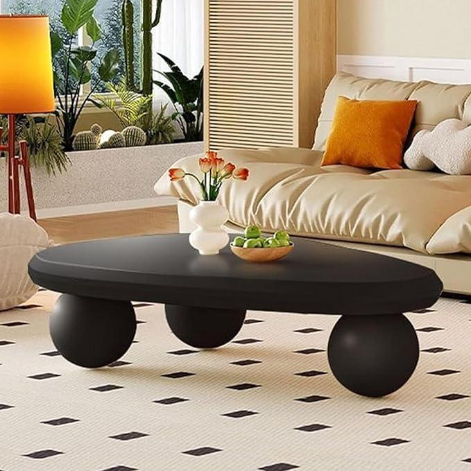 Black Oval Coffee Table - Ball Legs, Stylish Chic Wood Center Table - Smooth Round Corner Finishes Design, Easy to Clean & Assemble (G-39.37in)