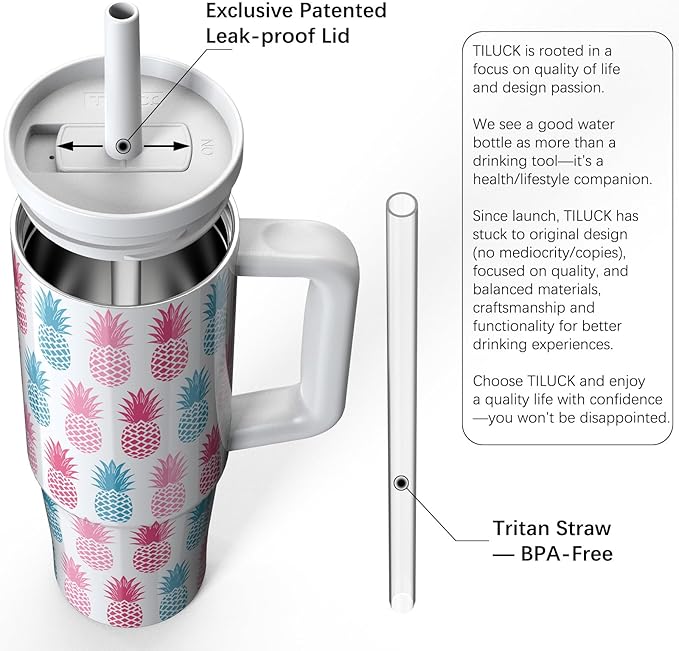 TILUCK 30 oz Tumbler with Handle, Vacuum Insulated Stainless Steel Travel Mug with 100% Leak-Proof Silicone Straw Lid, Cupholder Friendly Water Bottle(Pineapple, 30oz)