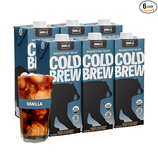 Wandering Bear Organic Vanilla Cold Brew Coffee, 32 fl oz, 6 pack - Extra Strong, Bold, Smooth, Unsweetened, Shelf-Stable, Ready to Drink, Gluten Free, & Vegan, Iced Cold Brewed Coffee Drinks