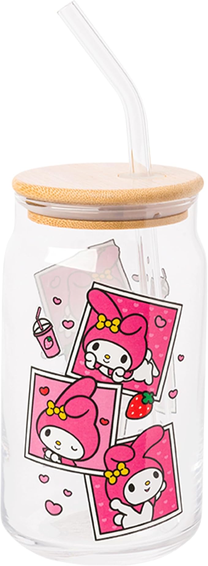 Silver Buffalo Sanrio Hello Kitty and Friends My Melody Polaroids Glass Jar Tumbler with Bamboo Lid and Glass Straw, 16 Ounces