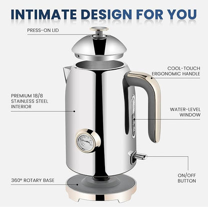 SUSTEAS Electric Kettle - 57oz Hot Tea Water Boiler with Thermometer, 1500W Fast Heating Stainless Steel Pot, Cordless LED Indicator, Auto Shut-Off & Boil Dry Protection, Silver