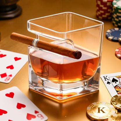 KAMMAK Whiskey Glasses with Cigar Rest, 10.82 oz (320 ml) Old Fashioned Tumbler, Thick Base Glass & Integrated Cigar Holder, Delicate Rim Seamless Design for Bourbon Scotch