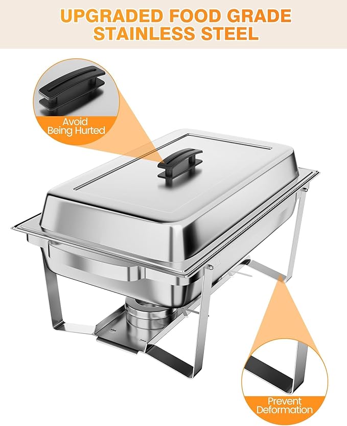 GarveeHome Chafing Dish Buffet Set 6 Pack, 8 QT Food Servers and Warmers Stainless Steel Chafer with Water Pan for Weddings, Parties, Banquets, and Catering