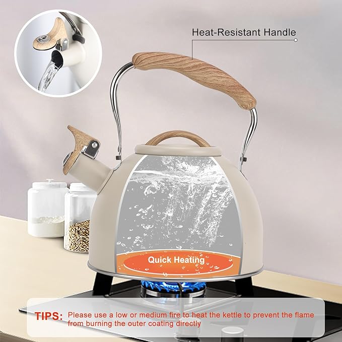 Tea Kettle, Vegoran 100 OZ / 3 Liter Whistling Tea Kettle, Tea Pots for Stove Top Food Grade Stainless Steel with Wood Pattern Folding Handle, Loud Whistle Kettle for Tea, Coffee, Milk (Milk White)