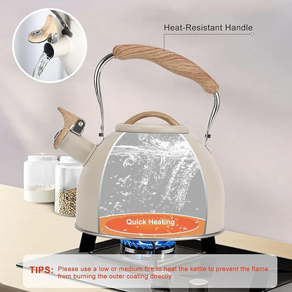 Tea Kettle, Vegoran 100 OZ / 3 Liter Whistling Tea Kettle, Tea Pots for Stove Top Food Grade Stainless Steel with Wood Pattern Folding Handle, Loud Whistle Kettle for Tea, Coffee, Milk (Milk White)
