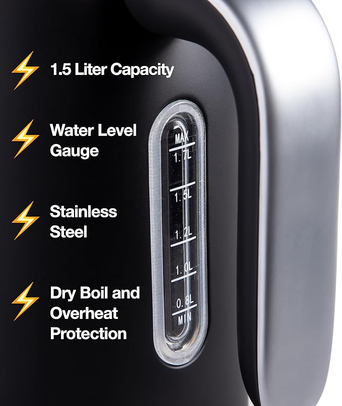 Rae Dunn Electric Hot Water Kettle - Stainless Steel Coffee Maker, Tea Kettle, Swivel Base, With Automatic Shut Off Boil-Dry Protection, Easy Pour Pitcher, 1500 Watt Boiling Power, 1.7 Liters, Black