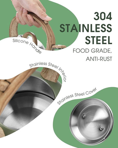 Tea Kettle Stovetop, 2.1 Quart Stove Top Whistling Tea Kettle, Teapot Kettles with Food Grade Stainless Steel and Wood Pattern Folding Handle, Suitable for All Heat Sources