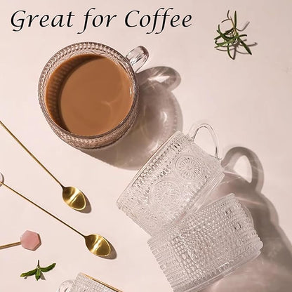 Vintage Coffee Tea Cups, Glass Mugs 14 Oz Set of 2 Embossed Glassware with Handle, for Cappuccino, Latte, Cereal, Yogurt, Beverage Hot/Cold, Milk