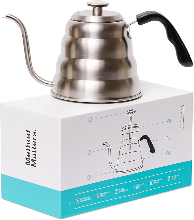 Barista Warrior Gooseneck Kettle for Pour Over Coffee and Tea with Thermometer for Exact Temperature, Precision Pour Drip Spout, Stainless Steel, Compatible with all Stove Tops (1.2 Liter, 40 fl oz)