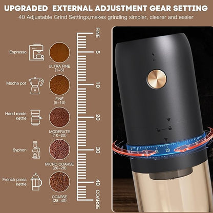 Portable Electric Coffee Grinder， Upgraded External Adjustable 40 Levels Fine to Coarse Settings, Stainless Steel Conical Burr Rechargeable and Faster Grinding for Office,Home,Camping,Travel,Black