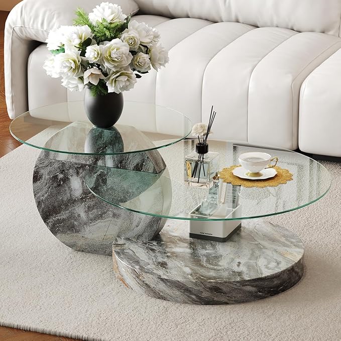 42 Inch Glass Coffee Table，Round Coffee Table with 2-Tier Tempered Glass Tabletop，Easy to Clean Circle Coffee Table with Sturdy Base for Living Room，Office (Light Gray Marble Colored Base