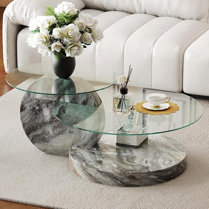 42 Inch Glass Coffee Table，Round Coffee Table with 2-Tier Tempered Glass Tabletop，Easy to Clean Circle Coffee Table with Sturdy Base for Living Room，Office (Light Gray Marble Colored Base