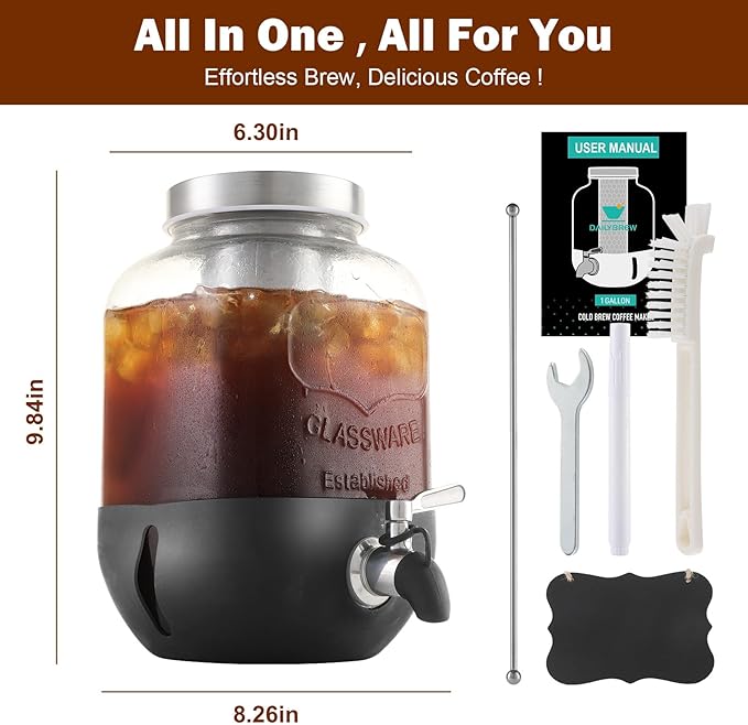 Cold Brew Coffee Maker, 1 Gallon Iced Coffee Maker With Stainless Steel Filter, Heavy Duty Glass Cold Brew Pitcher With Stainless Steel Spigot, Mason Jar Cold Brew Coffee Maker Fast Iced Tea Maker