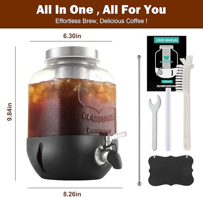 Cold Brew Coffee Maker, 1 Gallon Iced Coffee Maker With Stainless Steel Filter, Heavy Duty Glass Cold Brew Pitcher With Stainless Steel Spigot, Mason Jar Cold Brew Coffee Maker Fast Iced Tea Maker