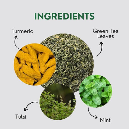 Turmeric Tulsi Tea Bags (50 Count), Green Tea with Turmeric & Peppermint, Stress Relieving, Low Caffeine Gluten Free, Whole Loose-Leaf Pyramid Tea Bags