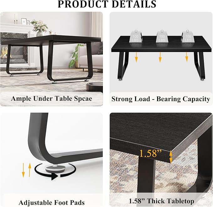 HSH Black Coffee Table, Industrial Wood and Metal Legs Center Table, Modern Minimalist Rectangle Cocktail Table for Living Room, Farmhouse Wooden Tea Table for Bedroom Home Office, Black Oak, 47 Inch