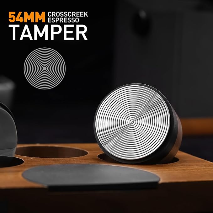 CrossCreek 54mm Espresso Tamper | Slow-Rebound Tamping Tools Fits 54mm Breville Barista Espresso Portafilter | Spiral-Pattern Base | Stainless Steel & Walnut Tamper | Espresso Machine Accessories