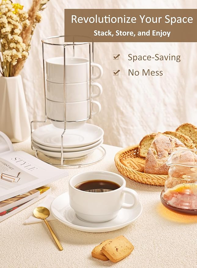 Yedio 4 oz Espresso Cups with Saucers and Metal Stand, Porcelain Stackable Coffee Cappuccino Cups Set of 4, White