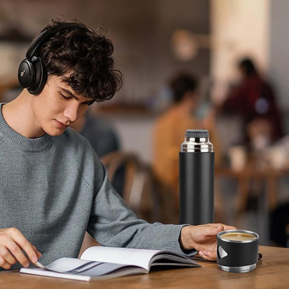 Stainless Steel Thermo 23.7oz Vacuum Insulated Bottle with Cup for Coffee Hot drink and Cold drink water flask.(Black,Single)