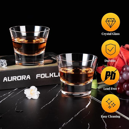 KAMMAK Whiskey Glasses Set, 8.12 oz (240 ml) Old Fashioned Tumbler, Thick Base Crystal Glass with Delicate Rim & Seamless Design for Scotch, Bourbon, Cocktails, Lead-Free Barware