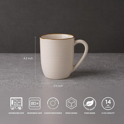 famiware Tempus Coffee Mugs Set of 4, 14 oz Cup Set, Stoneware Mugs with Handle for Coffee, Tea, Cocoa, Milk, Cappuccino, Microwave Safe - Antique White