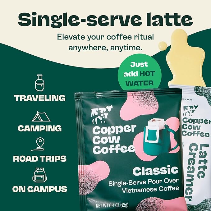 Copper Cow Coffee Pour Over Vietnamese Ground Coffee Pouches + Sweetened Condensed Milk Creamers (8 Coffees & 8 Milk Creamers) | Classic Black Lattes, No Refrigeration Needed