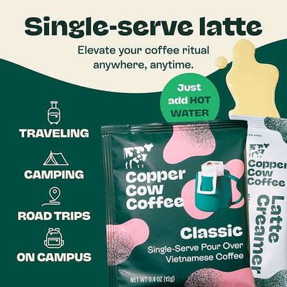 Copper Cow Coffee Pour Over Vietnamese Ground Coffee Pouches + Sweetened Condensed Milk Creamers (8 Coffees & 8 Milk Creamers) | Classic Black Lattes, No Refrigeration Needed