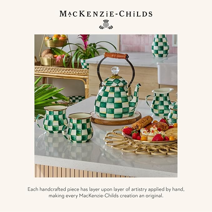 MACKENZIE-CHILDS Enamel Teapot, Cute Small Teapot with Lid, 4-Cup Capacity, Green-and-White Emerald Check