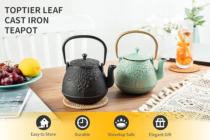 Tea Kettle, TOPTIER Japanese Cast Iron Tea Pot for Stove Top, Cast Iron Teapot Humidifier for Wood Stove, Leaf Design Tea Kettle Coated with Enameled Interior for 32 Ounce (950 ml), Black