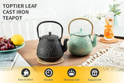 Tea Kettle, TOPTIER Japanese Cast Iron Tea Pot for Stove Top, Cast Iron Teapot Humidifier for Wood Stove, Leaf Design Tea Kettle Coated with Enameled Interior for 32 Ounce (950 ml), Black