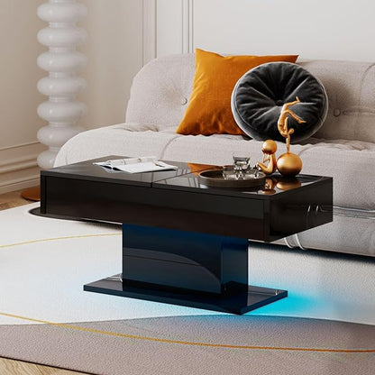 Black LED Coffee Table with Storage for Living Room, Living Room Table Rectangular Center Table, Modern High Glossy Wooden Coffee Tables for Dining Reception Room