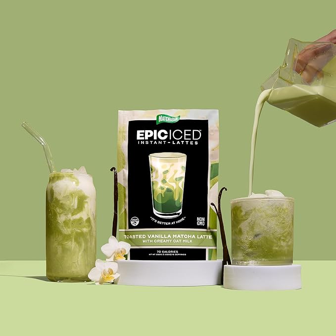 Matchabar Epic Iced Instant Latte Powder | Toasted Vanilla Matcha w/Oat Milk Base | Low Sugar, Non-Diary & Vegan Instant Iced Matcha Powder | Barista-Quality Creamy Latte Mix | 10 Servings
