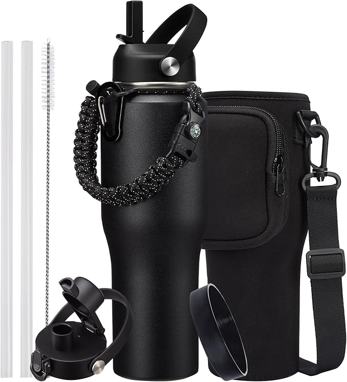 32 oz Insulated Water Bottle - Fits in Car Cup Holder, Cold 48H Hot 24H, Leakproof Stainless Steel Water Bottles with Straw & Pop-up Spout Lid, Paracord Handle, Bottle Holder Bag & Flask Boot