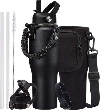 32 oz Insulated Water Bottle - Fits in Car Cup Holder, Cold 48H Hot 24H, Leakproof Stainless Steel Water Bottles with Straw & Pop-up Spout Lid, Paracord Handle, Bottle Holder Bag & Flask Boot
