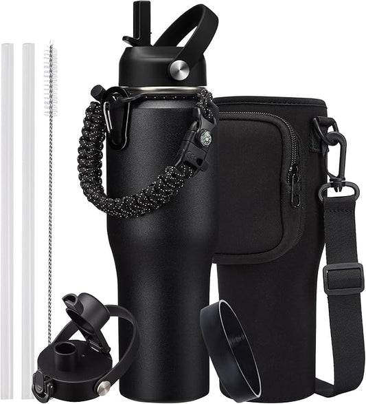 32 oz Insulated Water Bottle - Fits in Car Cup Holder, Cold 48H Hot 24H, Leakproof Stainless Steel Water Bottles with Straw & Pop-up Spout Lid, Paracord Handle, Bottle Holder Bag & Flask Boot