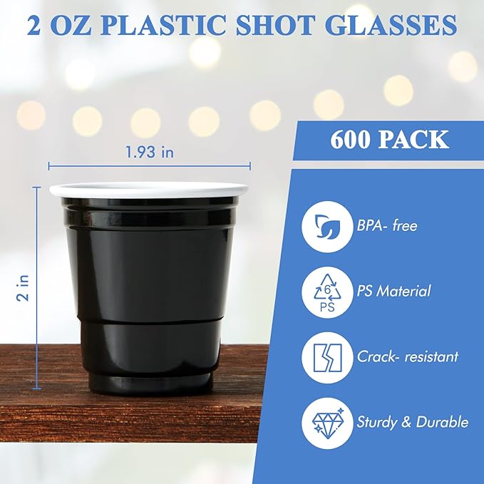 Lilymicky 600 PACK 2 oz Plastic Shot Glasses, Mini Black Disposable Shot Cups for Parties, Carnivals, and Any Events