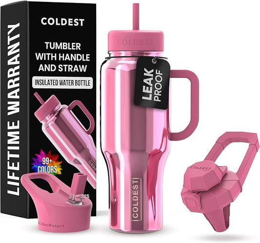 Coldest Tumbler with Handle and Straw - 100% Spill Proof Tumbler with Straw (3 Lids) - Stainless Steel Insulated Leakproof Tumblers for Women & Men - 36 oz (Pink Reflections)