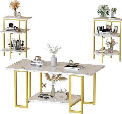 Lamerge Coffee Table Set of 3,Rectangle Coffee Table&2 Accent Table,Faux Marble Tabletop,3 Piece Living Room Table Sets with Multi Tier Storage, for Small Space, Apartment,White & Gold (LCTS-wg)