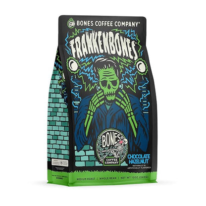 Bones Coffee Company Frankenbones Chocolate and Hazelnut Flavored Coffee, Medium Roast Low Acid Arabica Beans Compatible with Auto drip and French Press Coffee Maker, 12 Oz Whole Bean