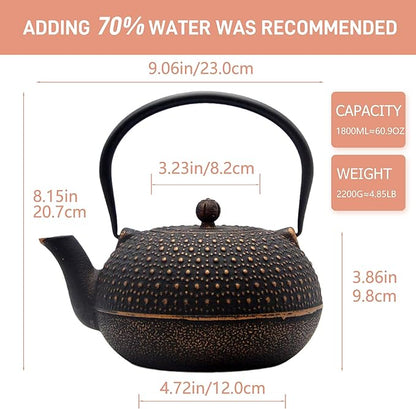 60.9oz Large Cast Iron Teapot for Stovetop Safe, 6 Cup Tea Kettle, Japanese Style Cast Iron Teapot with Stainless Steel Infuser for Loose Tea, Suitable for All Heat Sources(1.7QT/1.8L)