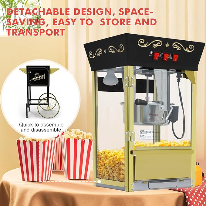 Popcorn Machine with Cart, Wheels & 12 Oz Kettle, Popcorn Maker Machine Vintage Style Movie Theater Popcorn Machine for Parties, Events, Commercial, and Home Theater