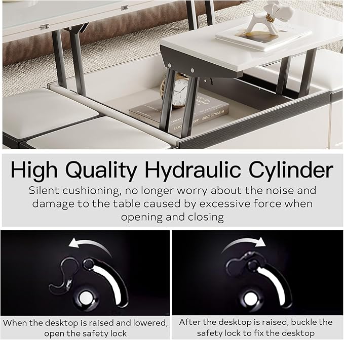 Extendable Coffee Table with 4 Storage Stools, Multifunctional Lift Top Coffee Table, Space Saving Folding Dining Table for Living Room (47.24 Inch)