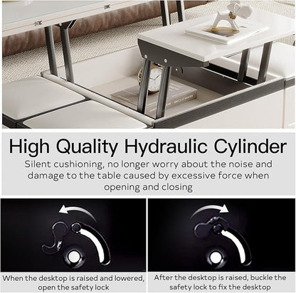 Extendable Coffee Table with 4 Storage Stools, Multifunctional Lift Top Coffee Table, Space Saving Folding Dining Table for Living Room (47.24 Inch)