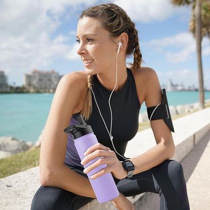 DOMICARE Insulated Water Bottle, 22 oz Vacuum Insulated Stainless Steel Reusable Sports Bottle with Straw Lid & Spout Lid for Travel, Camping, Bike, Leakproof, Purple, 1 Pack