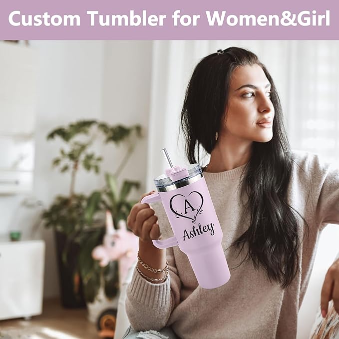 Ships Next Day,Birth Flower 40 Oz Tumbler with Handle and Straw, Personalized Tumbler with Name Insulated Cup Reusable Stainless Steel Water Bottle Travel Mug Christmas Birthday Gifts for Women