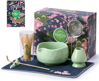 Matcha Whisk Set, Ceramic Matcha Bowl, Bamboo Whisk, Scoop, Sifter, Tea Towel - 7 Pcs Matcha Kit for Matcha Lovers (Green)