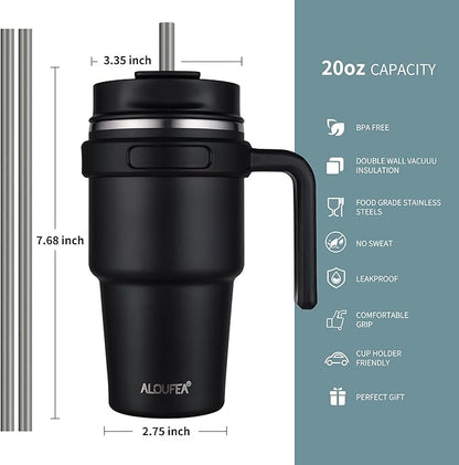 ALOUFEA 20 oz Insulated Coffee Mug Tumbler with Handle, Stainless Steel Travel Mug Tumbler with Lid and Straw,Double Wall Vacuum Leak Proof Ice Coffee Thermal Cup, Black and Army Green